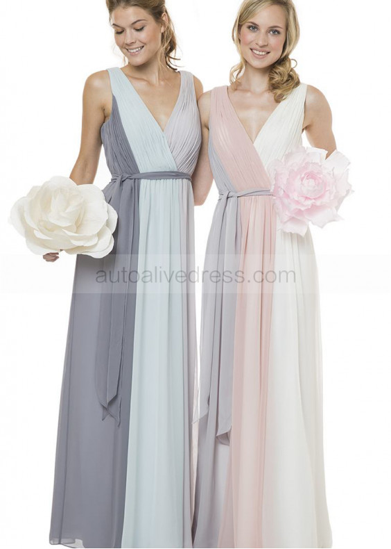 V Neck Three-tone Chiffon Long Bridesmaid Dress